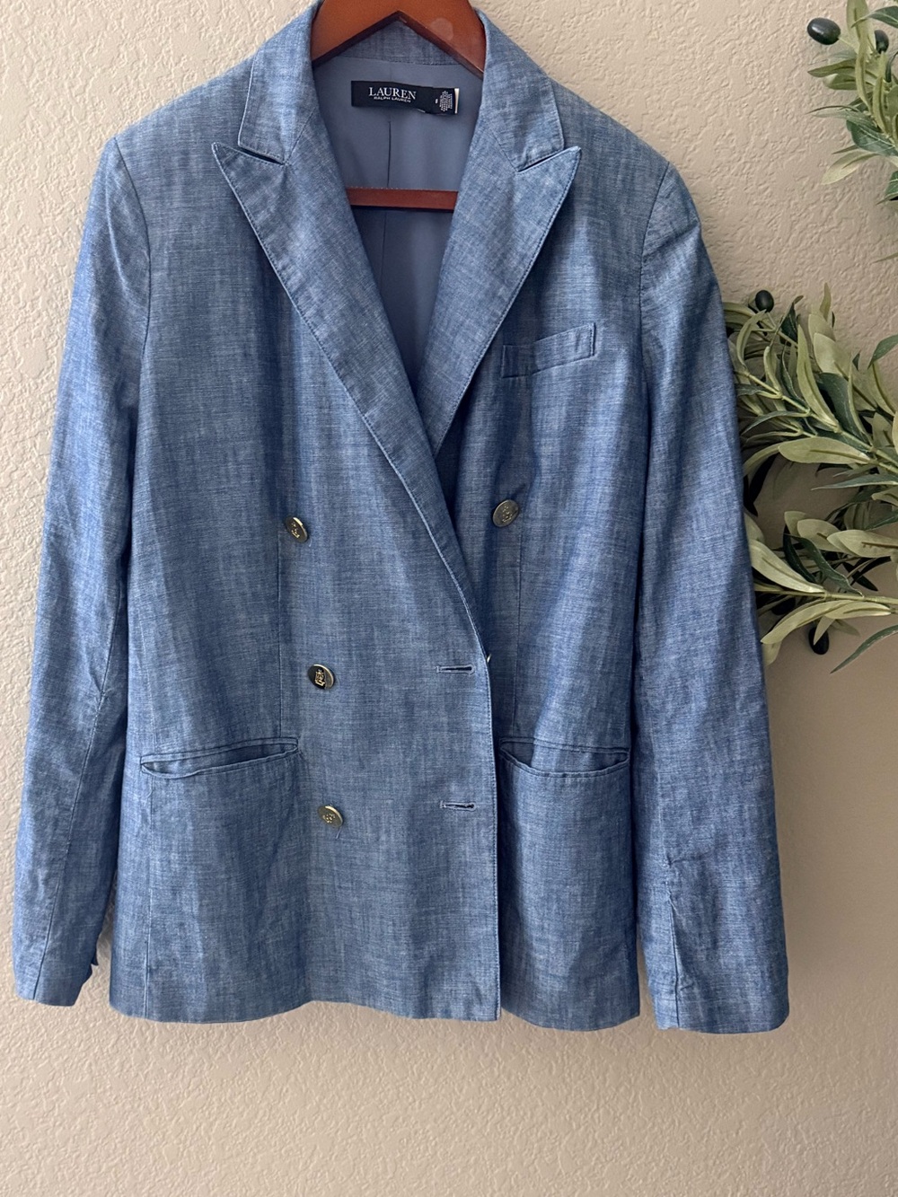 Lauren Ralph Lauren Blue Chambray Double Breasted Cotton Blazer Size 8